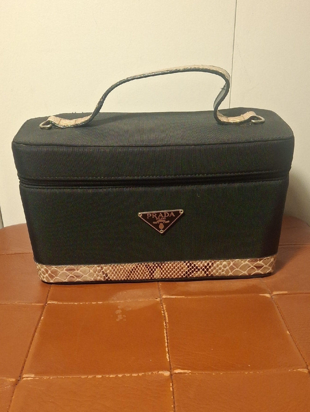 Upcycle Prada Black Canvas Train Case with Faux Snakeskin Accents
